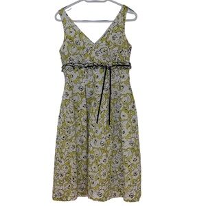 Liz Claiborne Green Floral V-Neck Midi Cotton Dress with black tie, size 6